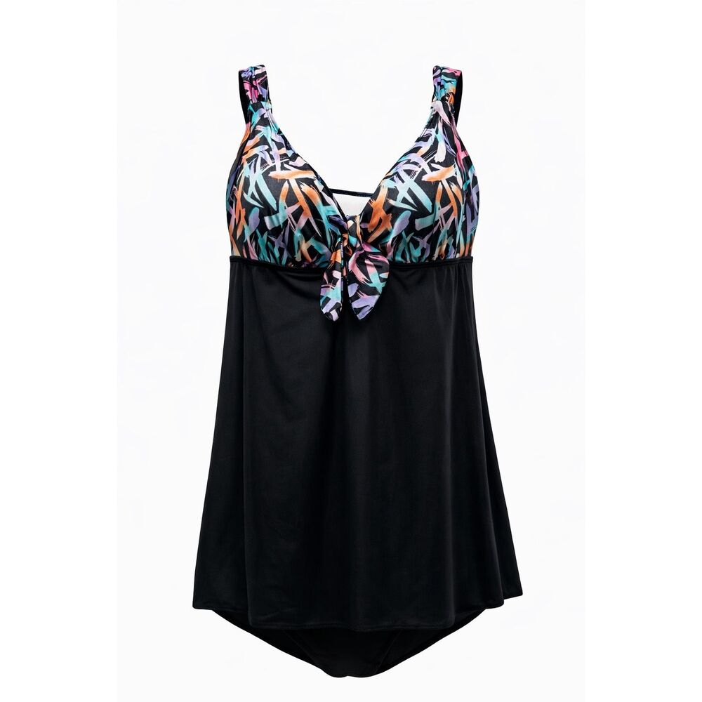 Longitude Size 22 Black Abstract Tie Front Skirted One Piece Swimsuit